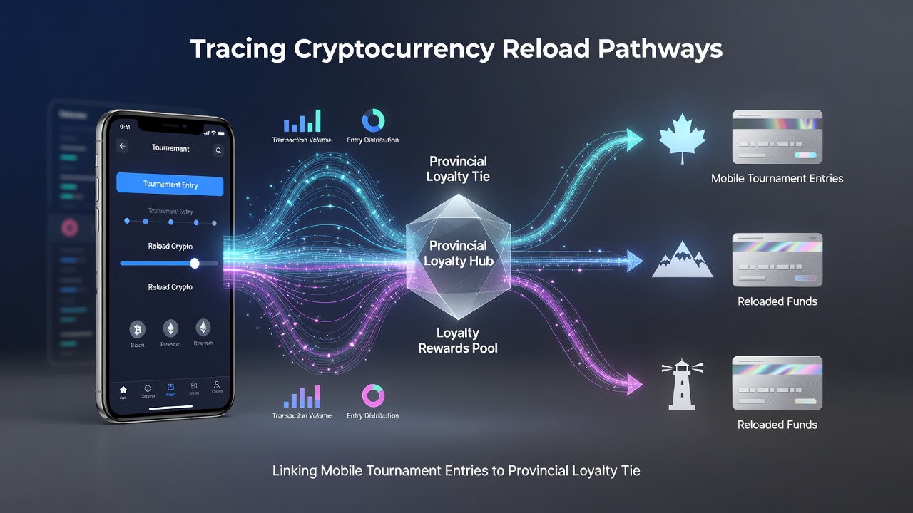 Flowchart diagram illustrating cryptocurrency reload steps linked to loyalty tier progression in poker platforms